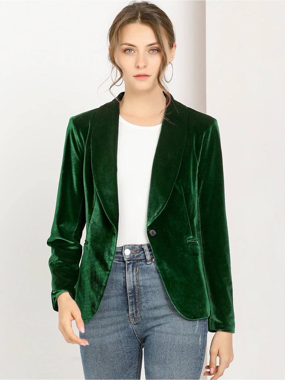 Allegra K Green Velvet Shawl Collar Single Button Office Work Jacket Blazer XL